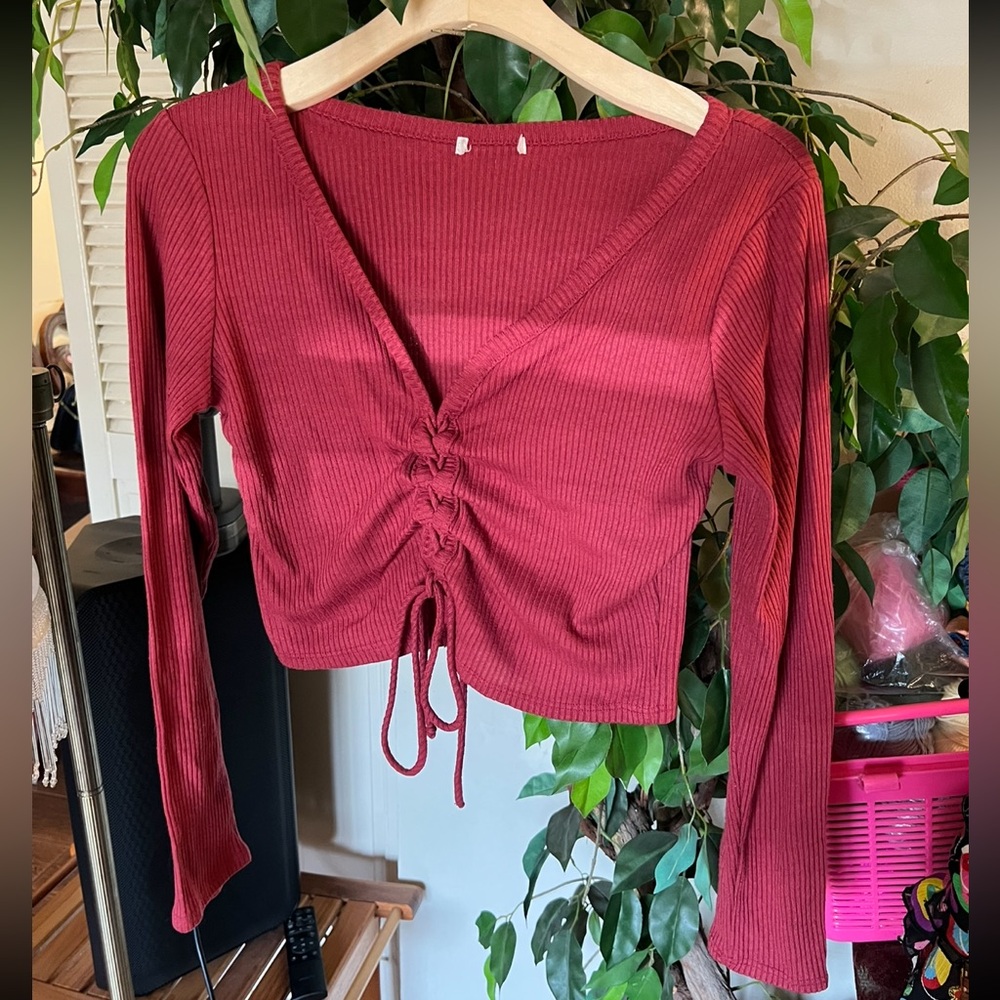 Vibrant Red Ruched Tie Front Crop Blouse